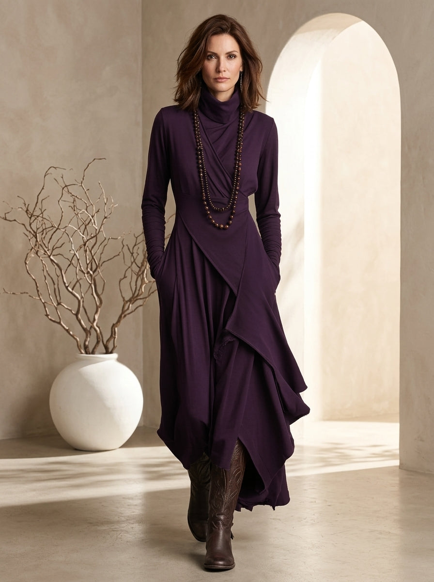 Turtleneck Long Sleeve Wrap Asymmetric Maxi Dress 2