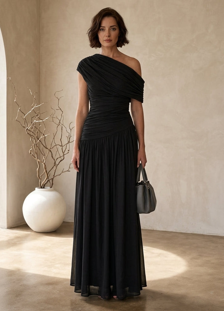 One Shoulder Ruched Draped Maxi Gown