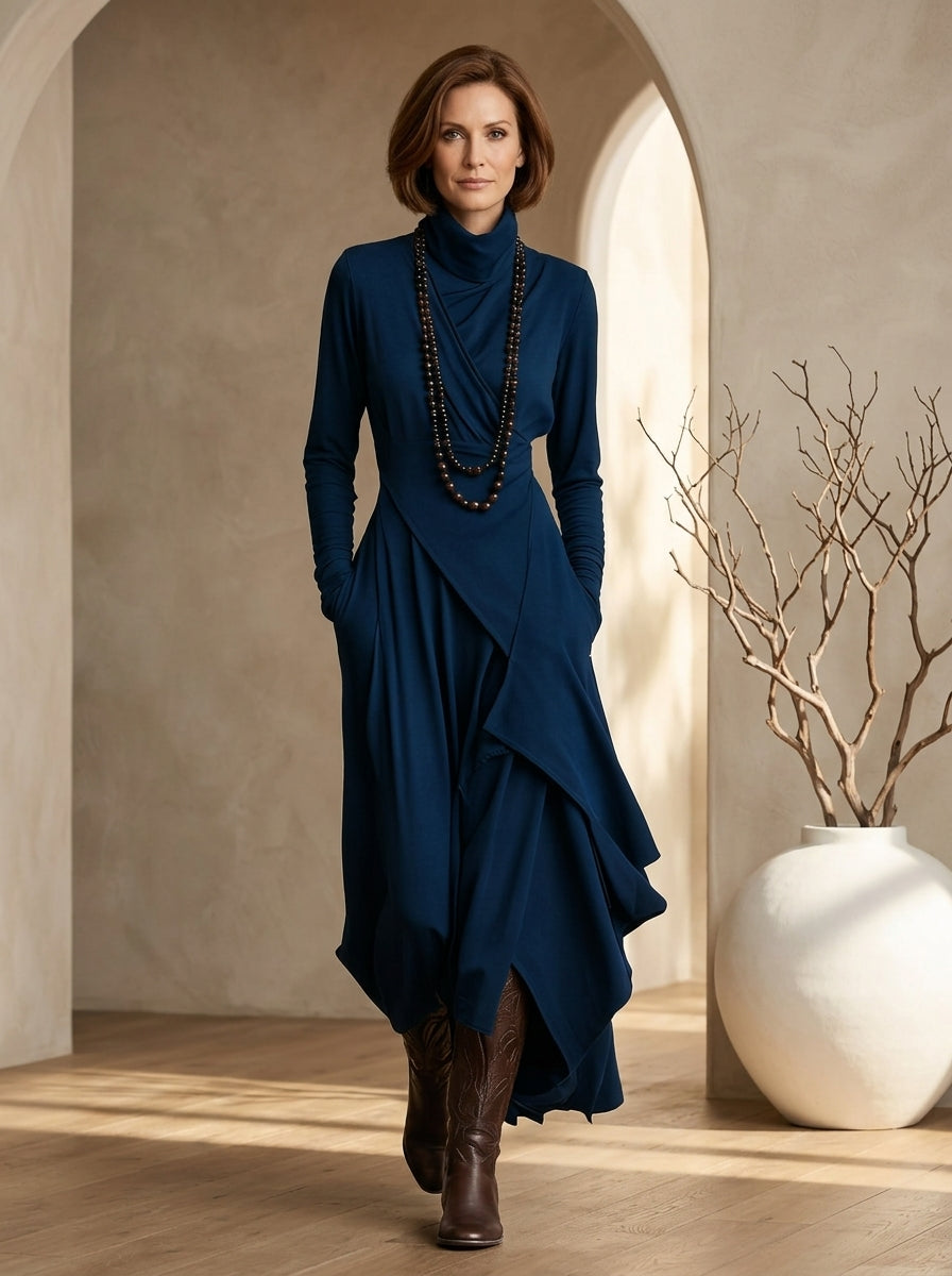 Turtleneck Long Sleeve Wrap Asymmetric Maxi Dress 7