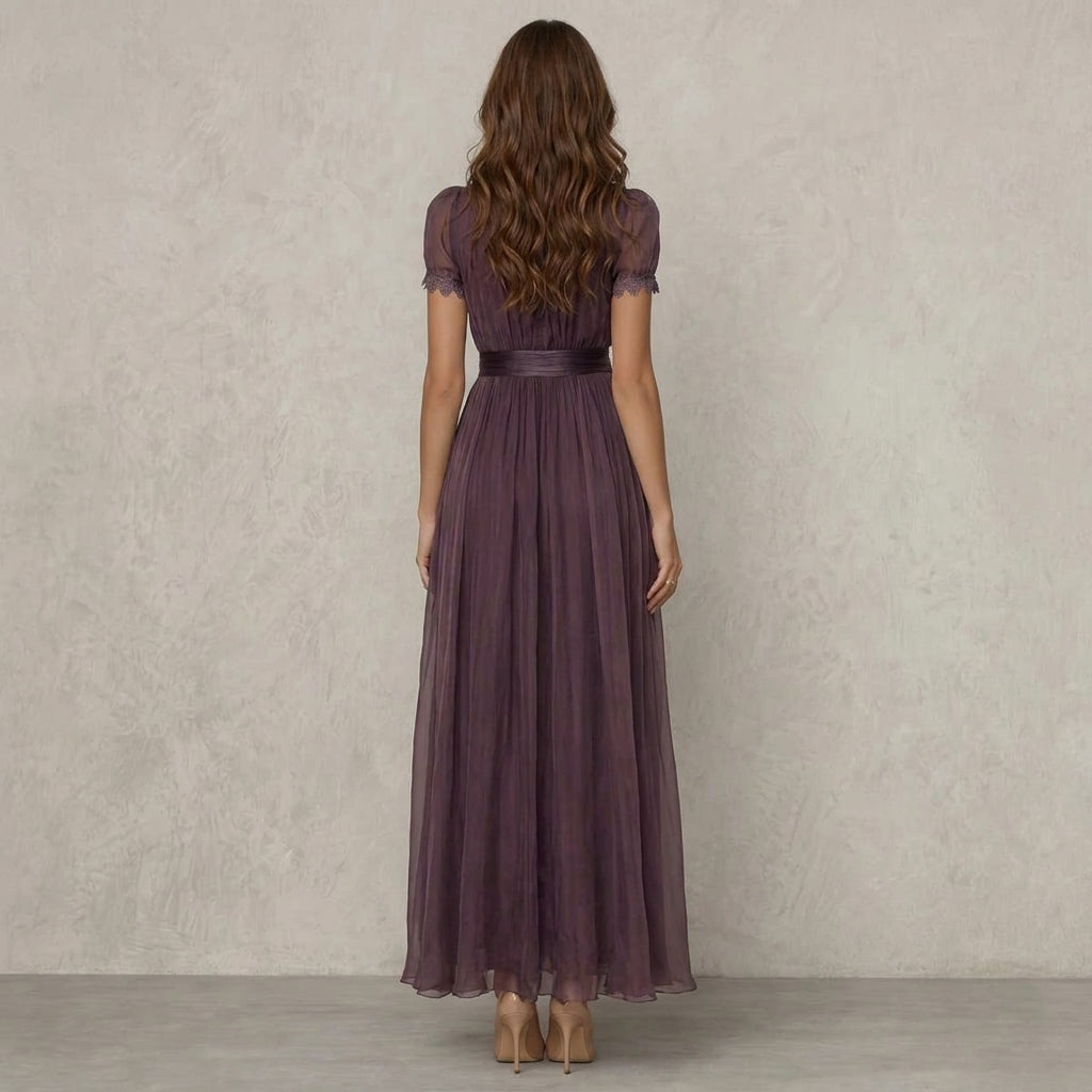 Chiffon Keyhole Lace Trim Short Sleeve A-Line Maxi Dress 5