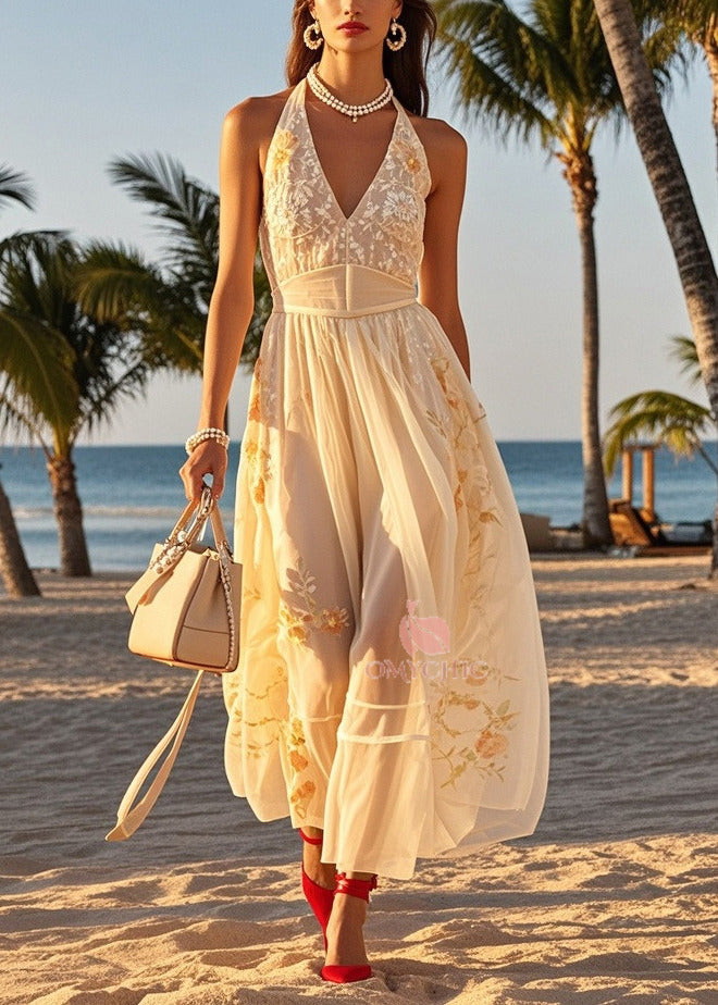 Women Beige Cold Shoulder Print Tulle Halter Dresses Summer - View 3