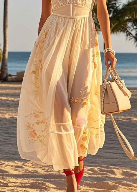Women Beige Cold Shoulder Print Tulle Halter Dresses Summer - View 4