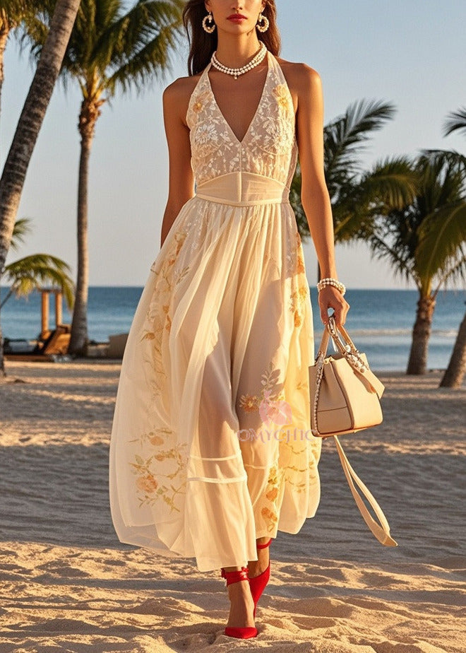 Women Beige Cold Shoulder Print Tulle Halter Dresses Summer - View 5