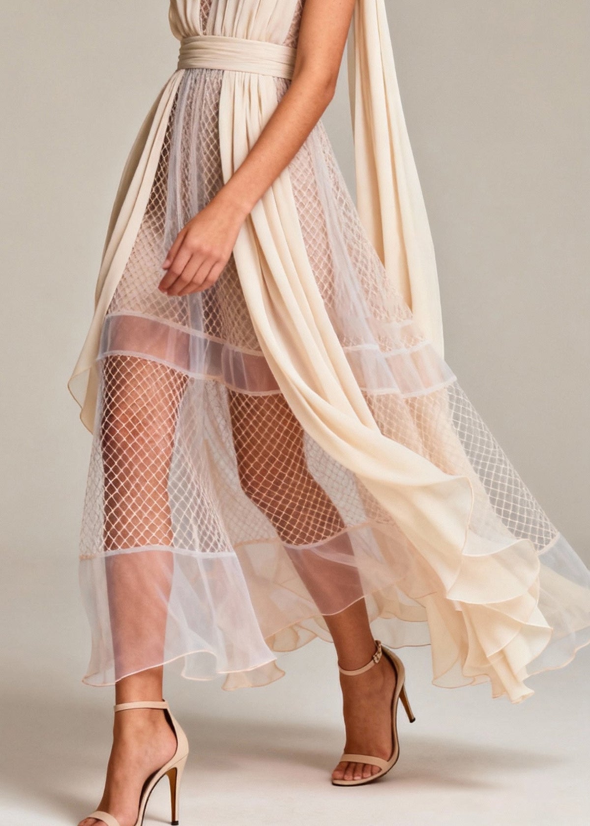 Mesh Pleated Deep V-Neck Shoulder Streamer Tiered Asymmetric Maxi Gown - View 4