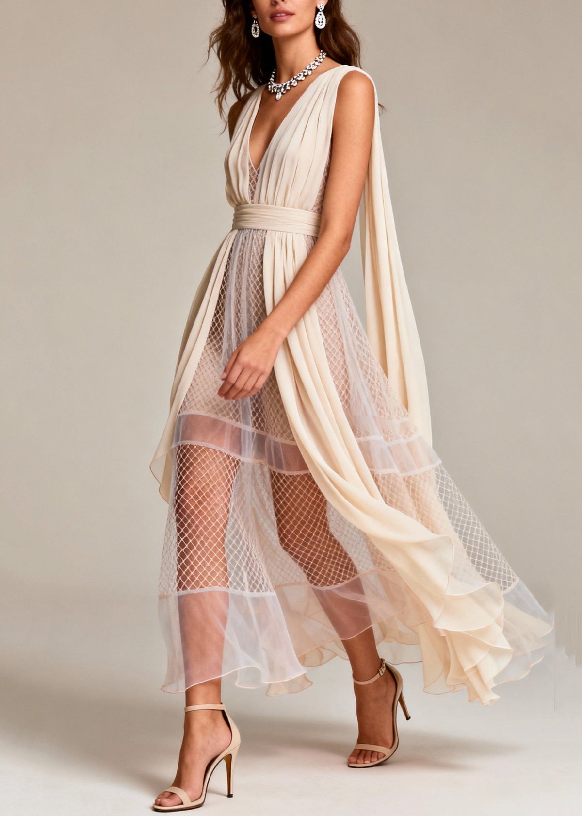 Mesh Pleated Deep V-Neck Shoulder Streamer Tiered Asymmetric Maxi Gown - View 5