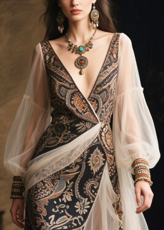 Deep V-Neck Wrap Paisley Bishop Sleeve Tiered Ruffle Maxi Gown - View 2