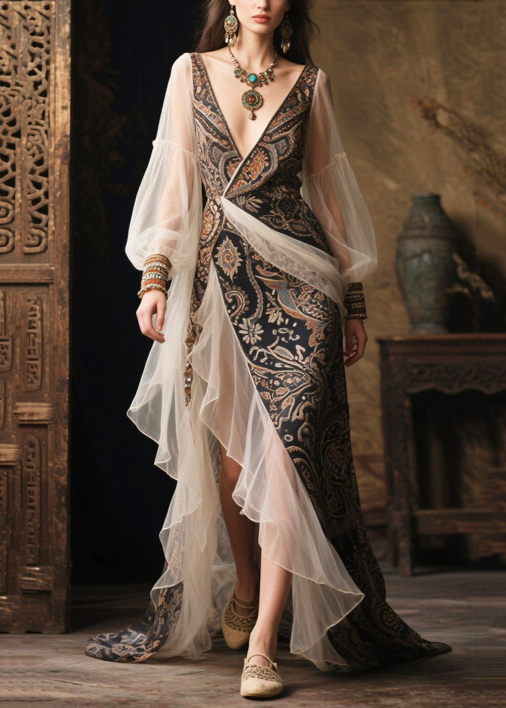 Deep V-Neck Wrap Paisley Bishop Sleeve Tiered Ruffle Maxi Gown - View 3