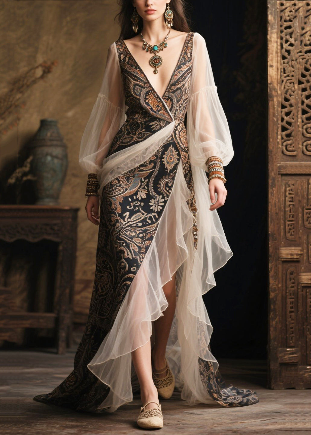 Deep V-Neck Wrap Paisley Bishop Sleeve Tiered Ruffle Maxi Gown - View 5
