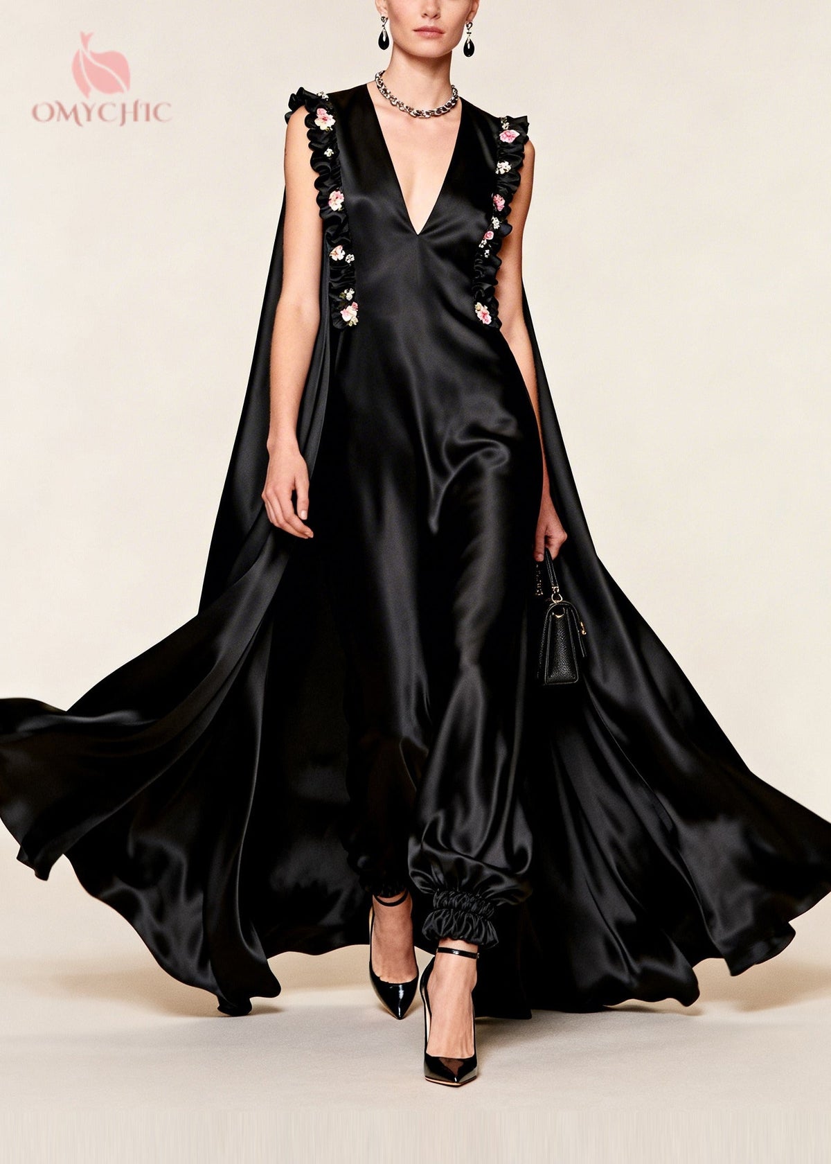 Satin Deep V-Neck Sleeveless Ruffle Trim Cape Maxi Dress - View 3