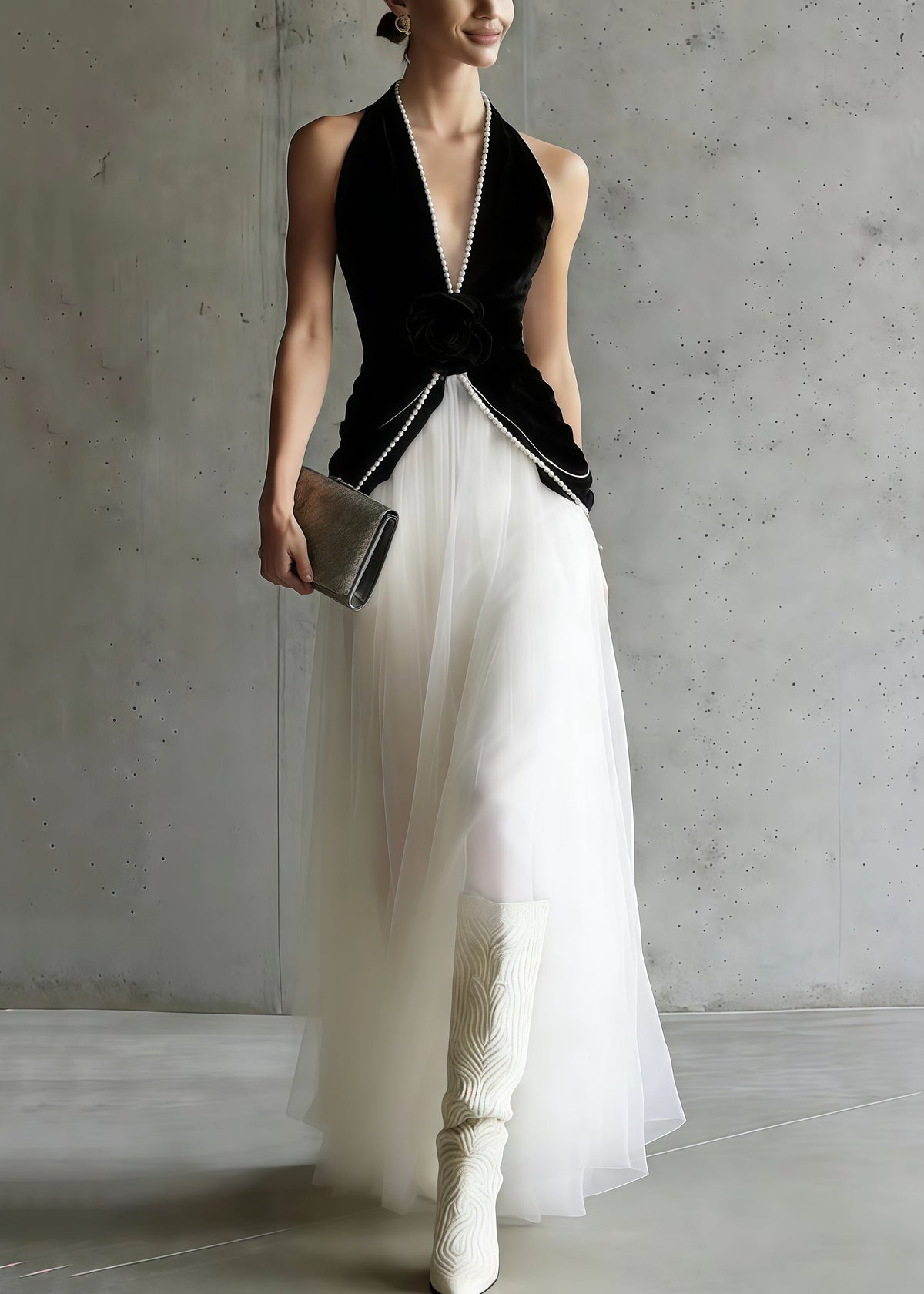 Velvet Halter Neck Deep V-Neck Rosette Tulle Maxi Dress