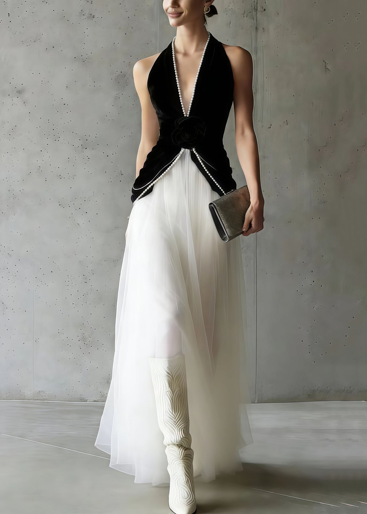 Velvet Halter Neck Deep V-Neck Rosette Tulle Maxi Dress - View 3