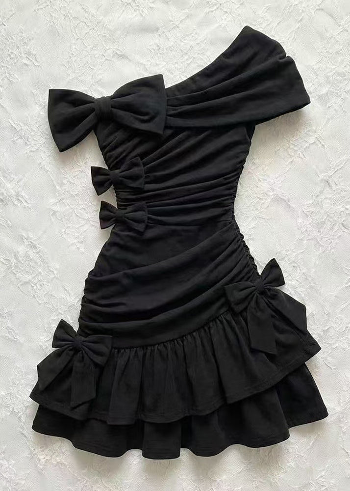 One Shoulder Bow Ruched Tiered Ruffle Bodycon Mini Party Dress - View 4