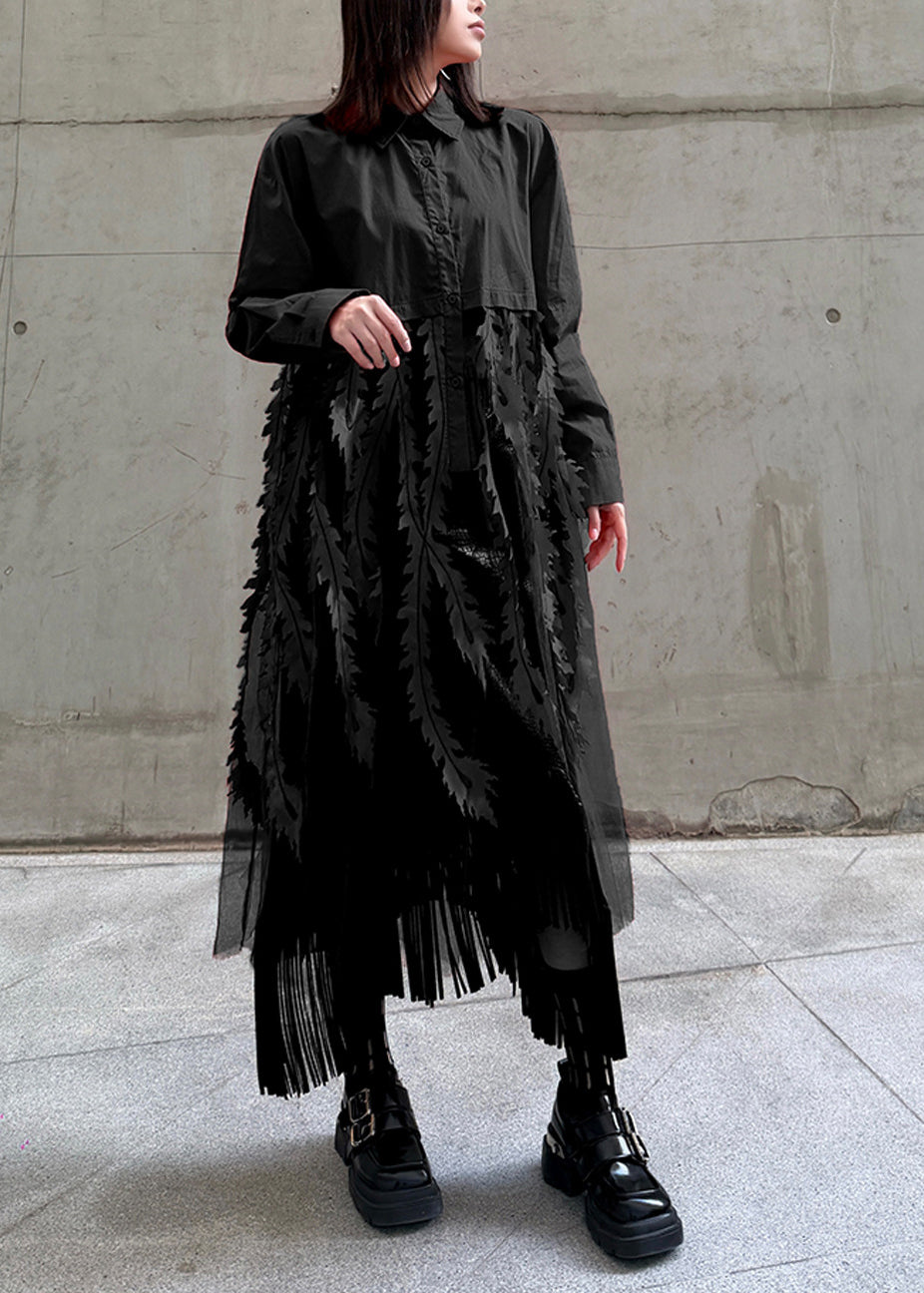 Black Peter Pan Collar Tulle Patchwork Cotton Shirts Dress