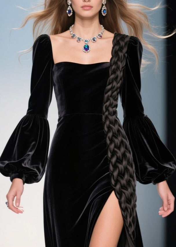 Velvet Square Neck Bishop Sleeve Braid Trim High Split Maxi Gown - View 2