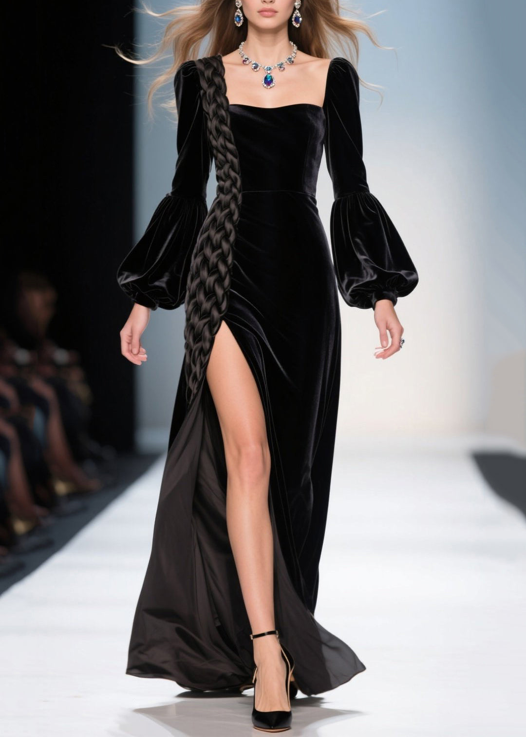 Velvet Square Neck Bishop Sleeve Braid Trim High Split Maxi Gown - View 3