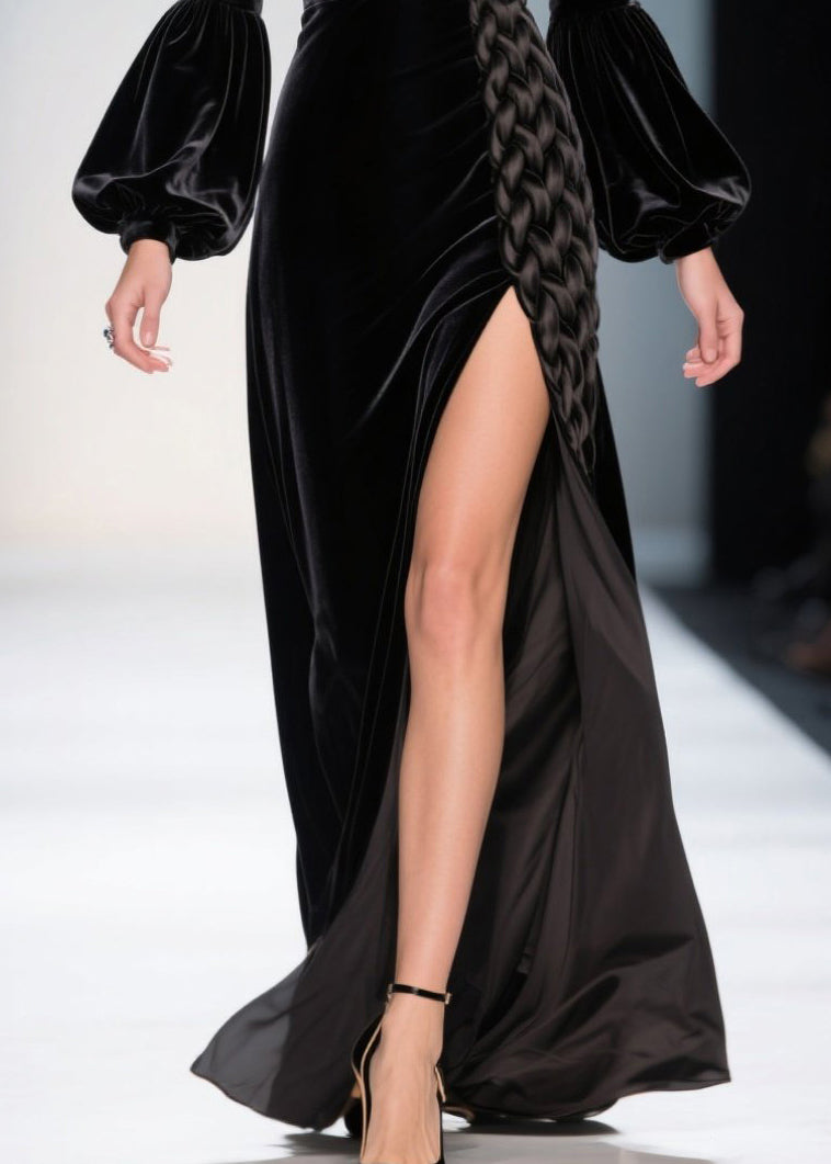 Velvet Square Neck Bishop Sleeve Braid Trim High Split Maxi Gown - View 4