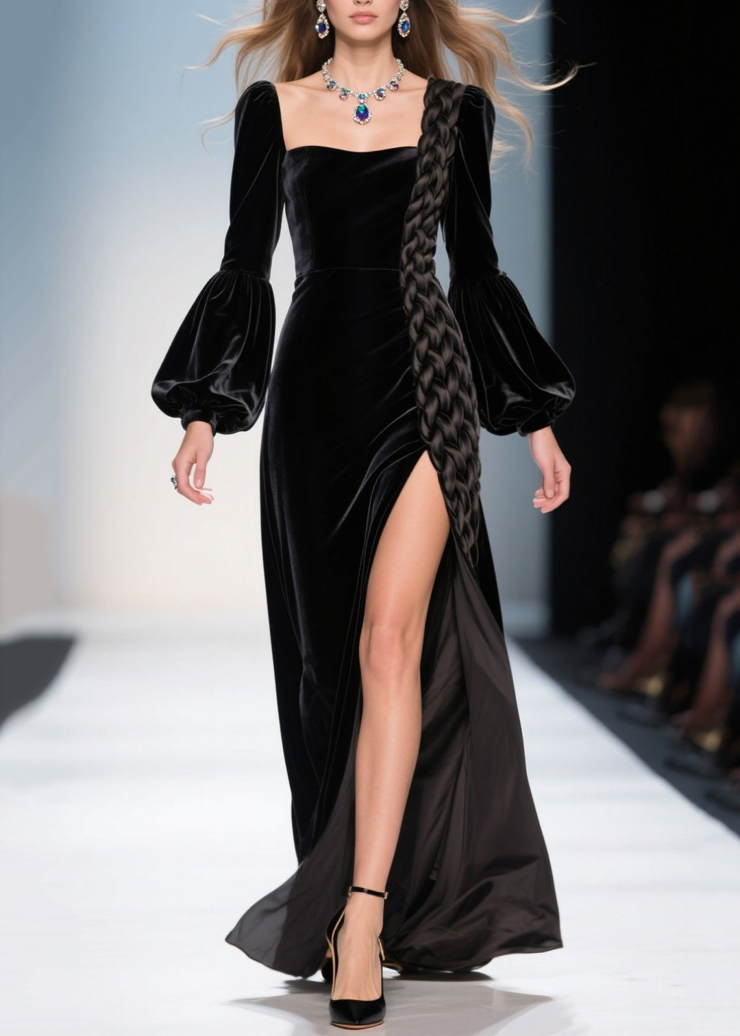 Velvet Square Neck Bishop Sleeve Braid Trim High Split Maxi Gown - View 5