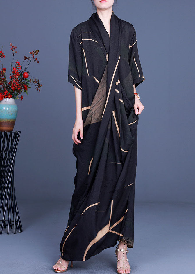 Geometric Print Deep V-Neck Scarf Collar Short Sleeve Maxi Dress