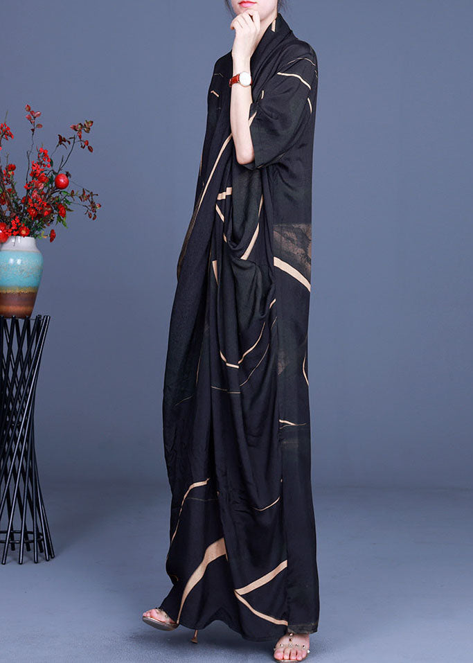 Geometric Print Deep V-Neck Scarf Collar Short Sleeve Maxi Dress - View 3