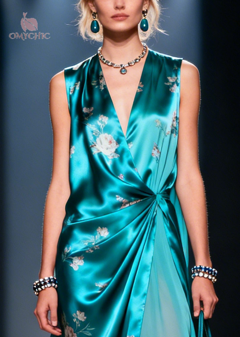 Satin Floral Print Deep V-Neck Wrap High Split Chiffon Layer Maxi Gown - View 2