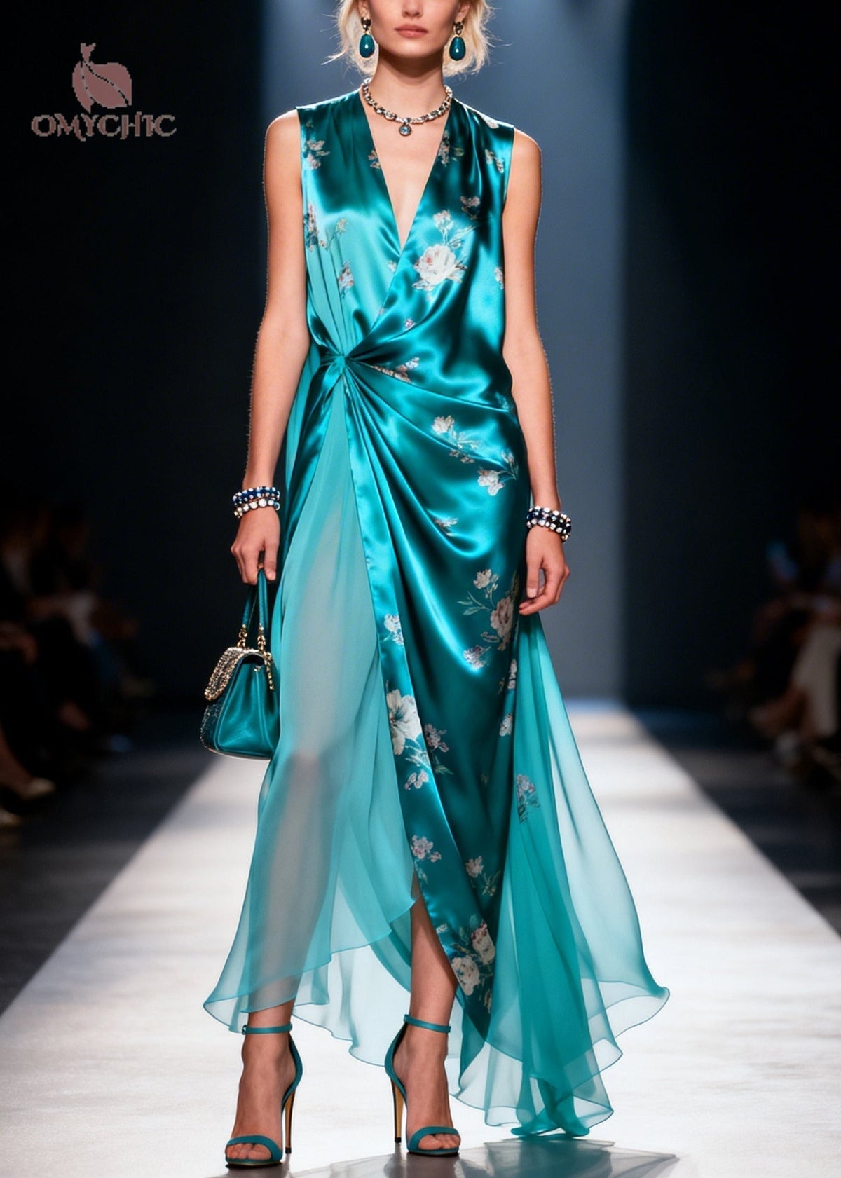 Satin Floral Print Deep V-Neck Wrap High Split Chiffon Layer Maxi Gown - View 3