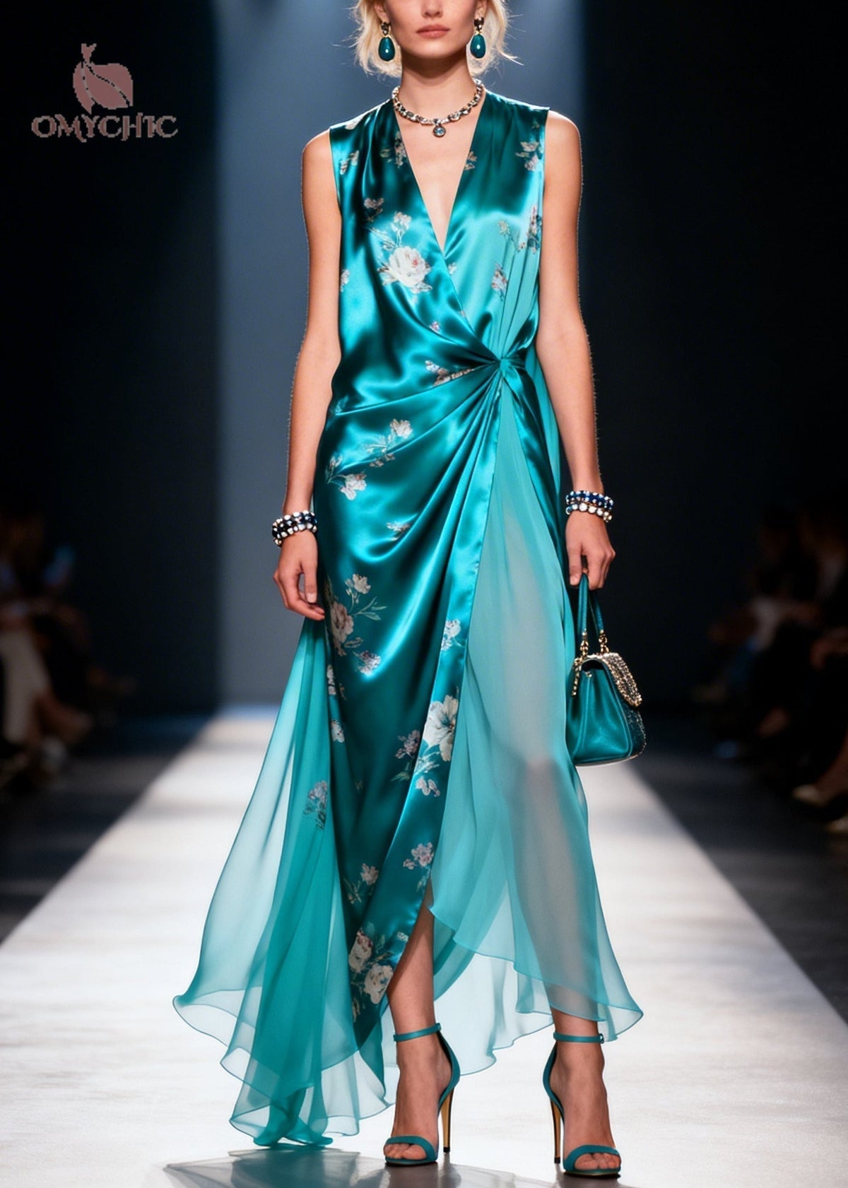 Satin Floral Print Deep V-Neck Wrap High Split Chiffon Layer Maxi Gown - View 5