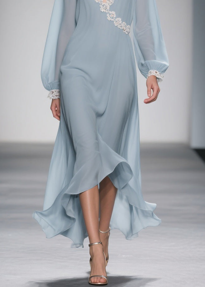 Chiffon Wrap Lace Trim V-Neck Bishop Sleeve Ruffle High Low Midi Dress - View 4