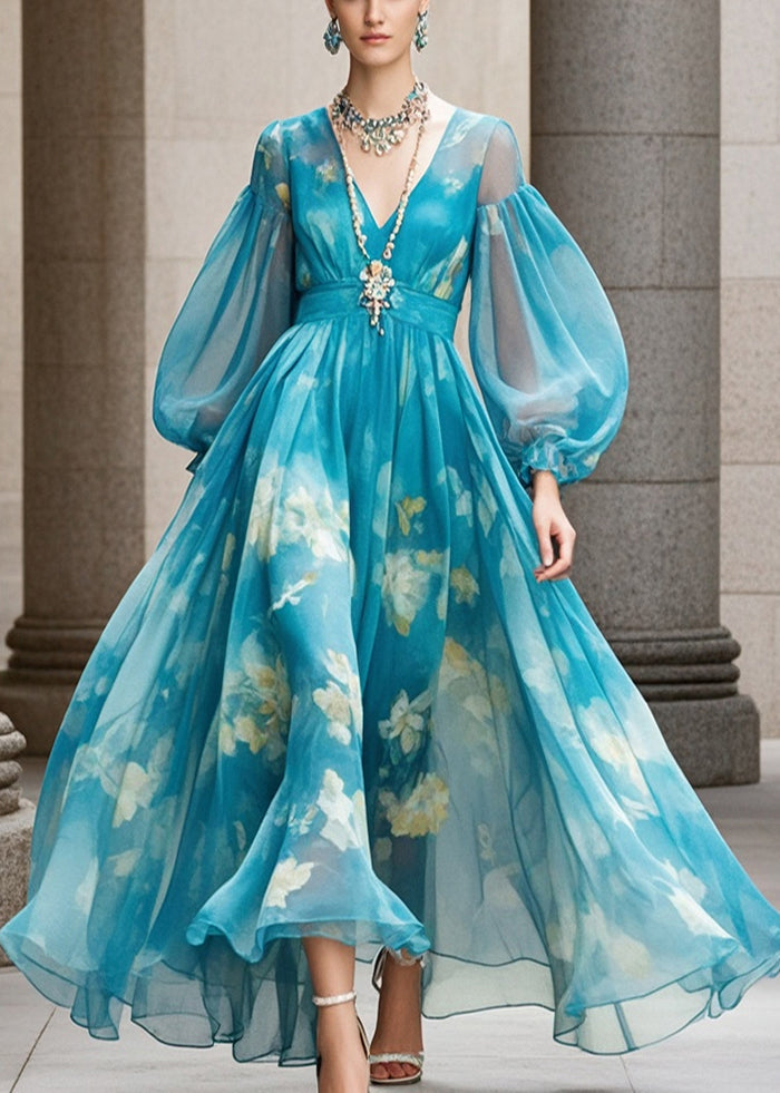 Chiffon Abstract Floral Print Deep V-Neck Maxi Dress
