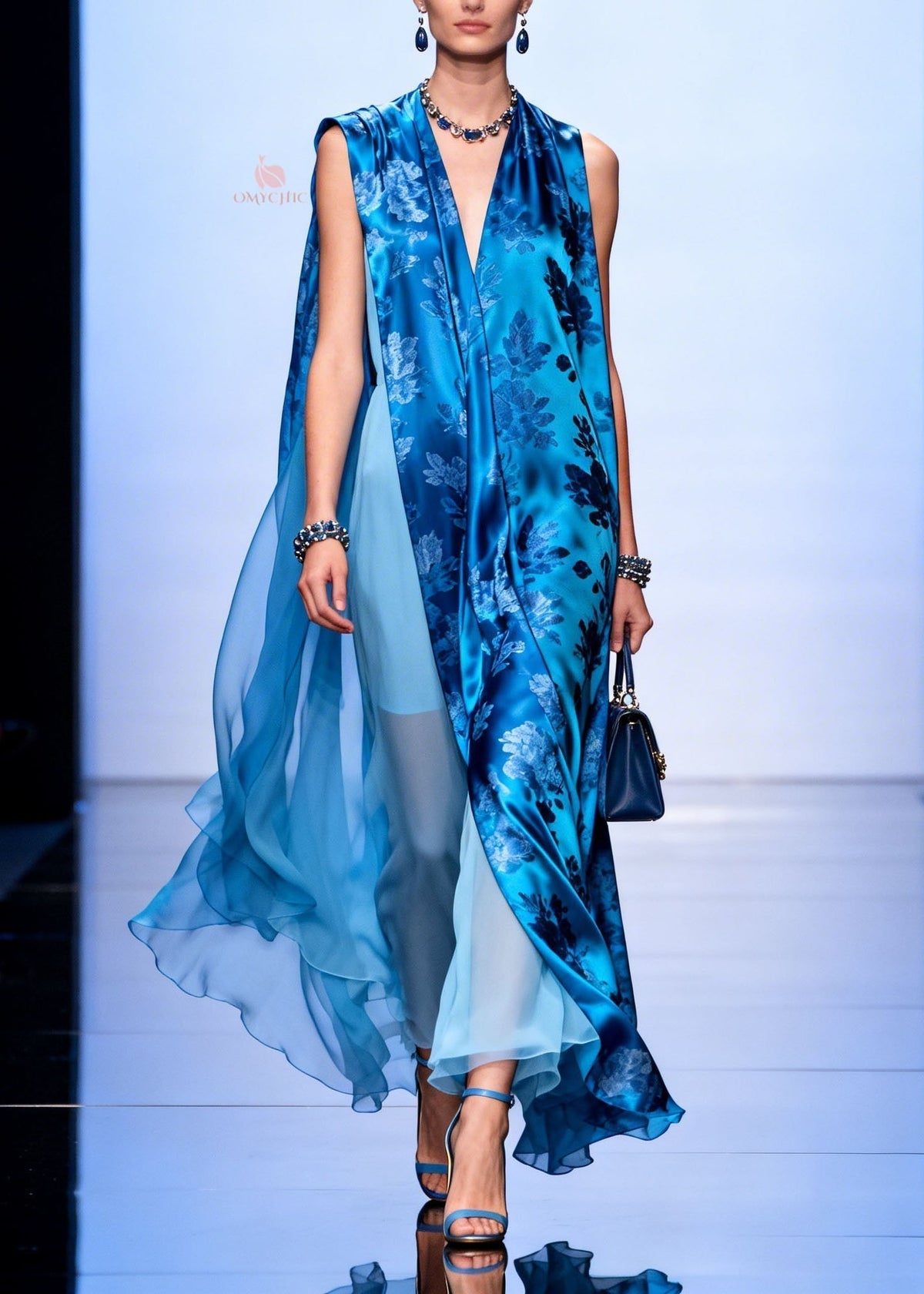 Chiffon Floral Print Sleeveless Deep V-Neck Sheer Cape Maxi Gown - View 3