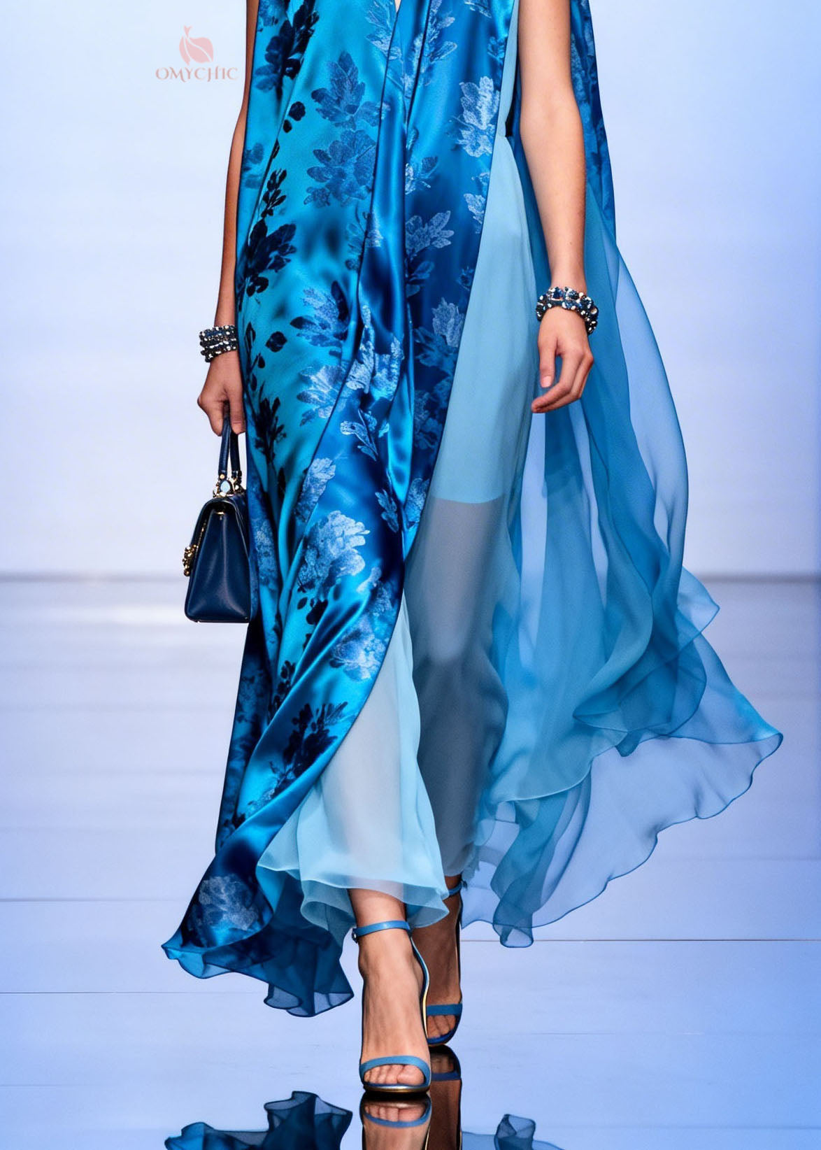 Chiffon Floral Print Sleeveless Deep V-Neck Sheer Cape Maxi Gown - View 4
