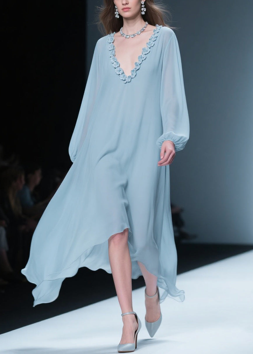 Chiffon Rosette Applique Deep V-Neck Bishop Sleeve Midi Dress - View 5