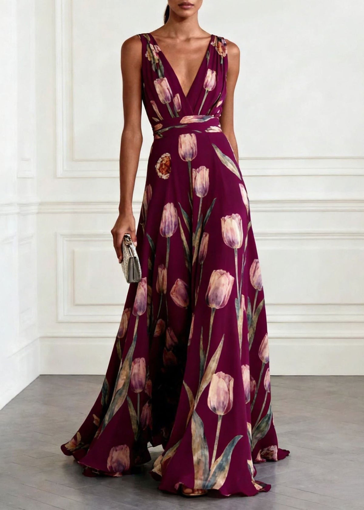 Floral Print Deep V-Neck Wide Strap Wrap Waist A-Line Maxi Gown - View 4