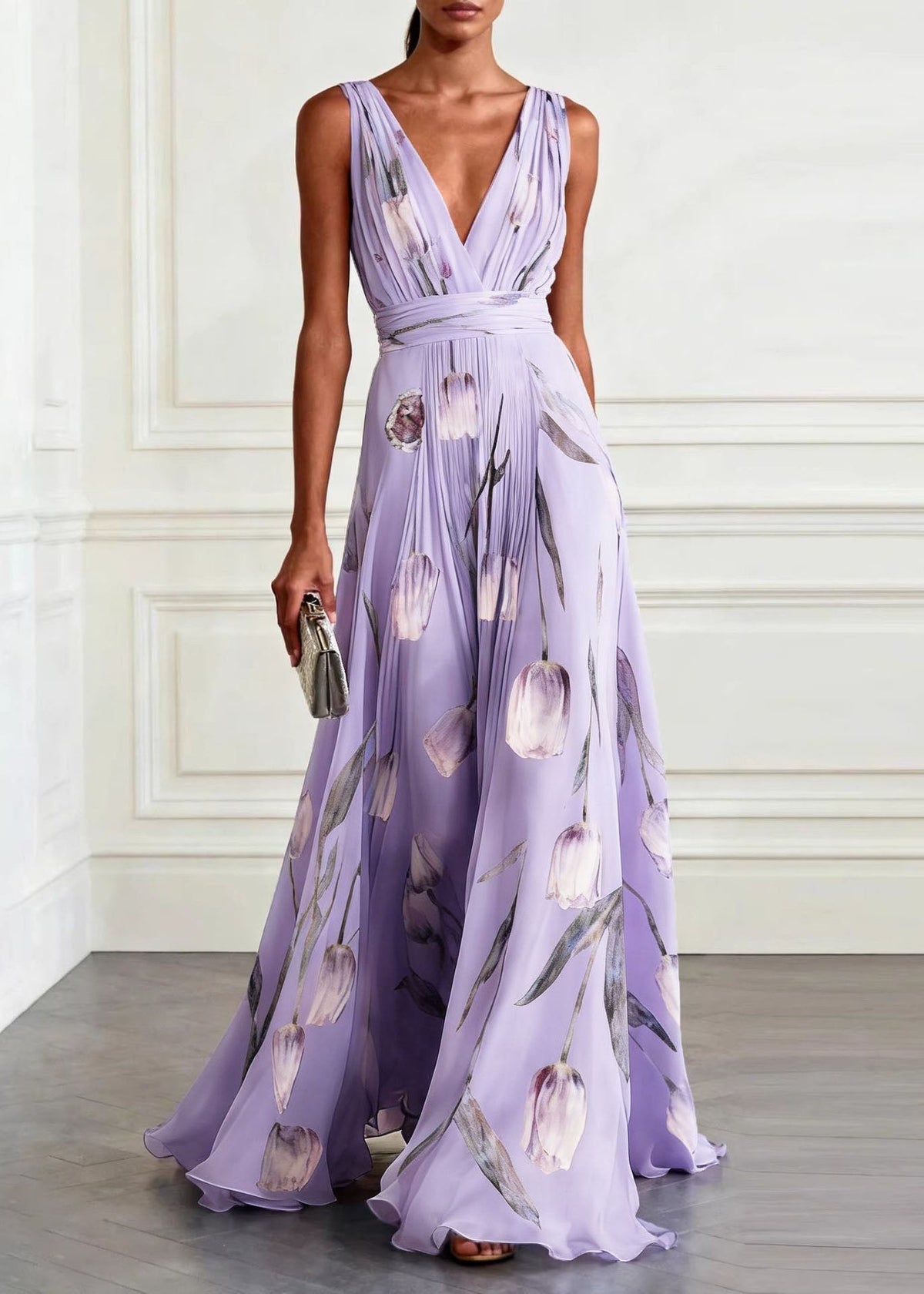 Floral Print Deep V-Neck Wide Strap Wrap Waist A-Line Maxi Gown - View 5