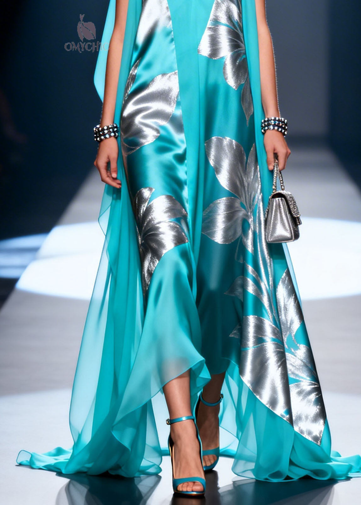 Satin Metallic Floral Deep V-Neck Sleeveless Sheer Cape Maxi Gown - View 4