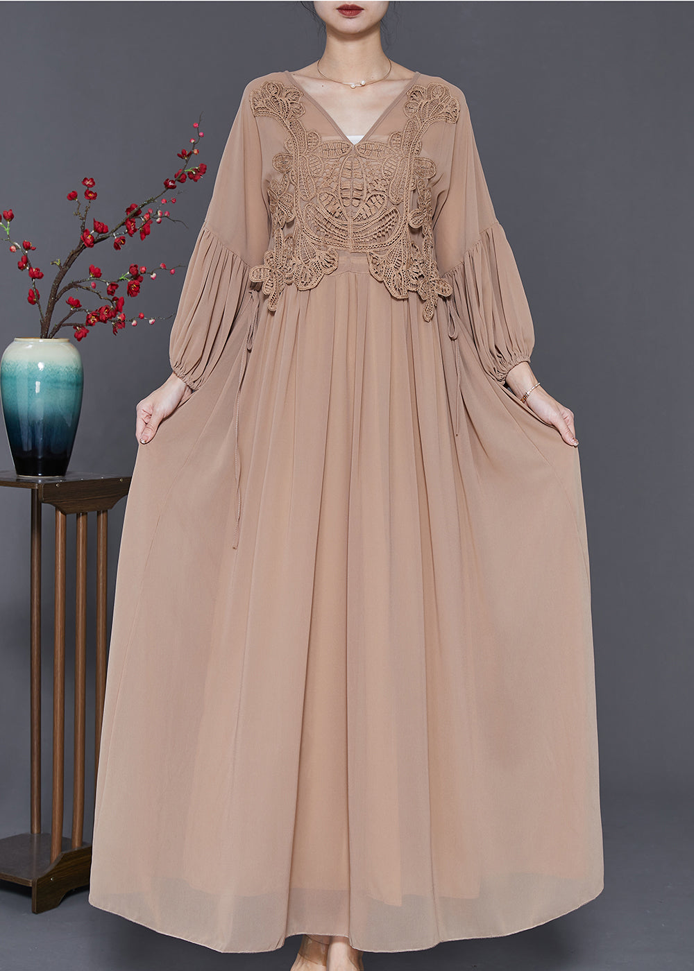 Lace Applique Bodice Drawstring Waist Balloon Sleeve Pleated Maxi Gown