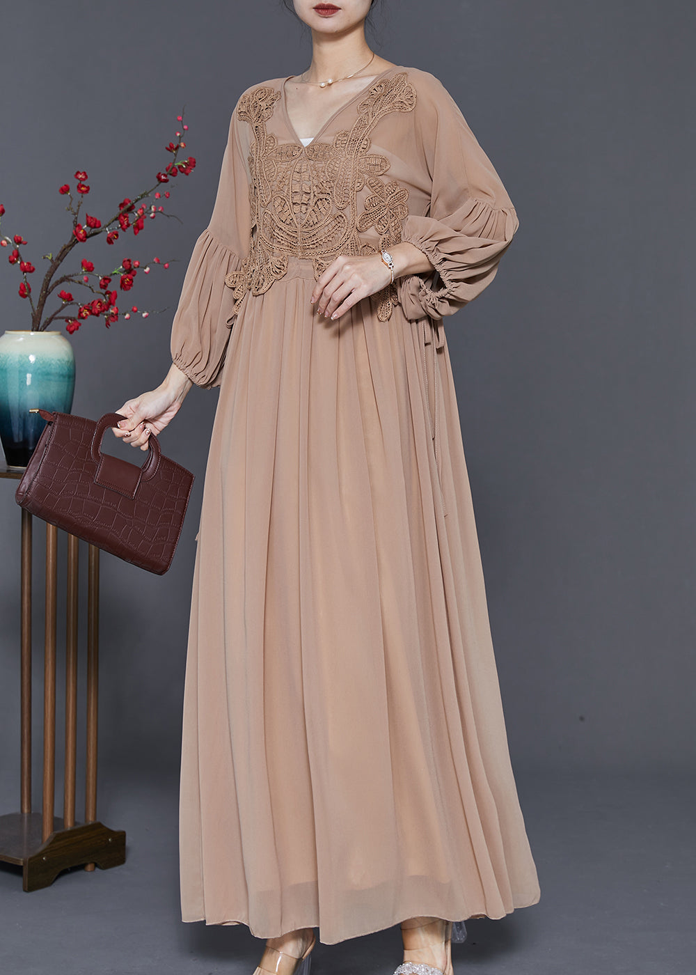 Lace Applique Bodice Drawstring Waist Balloon Sleeve Pleated Maxi Gown - View 2