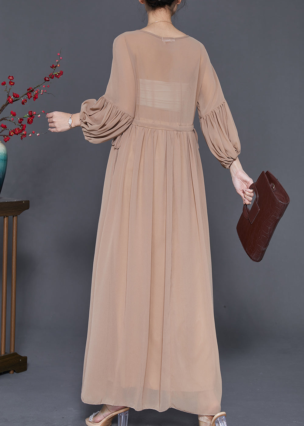 Lace Applique Bodice Drawstring Waist Balloon Sleeve Pleated Maxi Gown - View 4