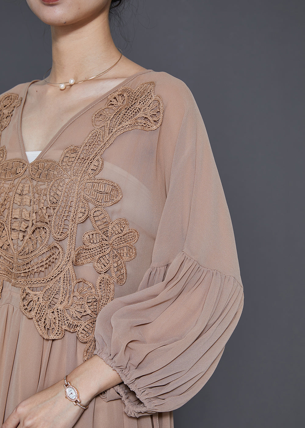 Lace Applique Bodice Drawstring Waist Balloon Sleeve Pleated Maxi Gown - View 5