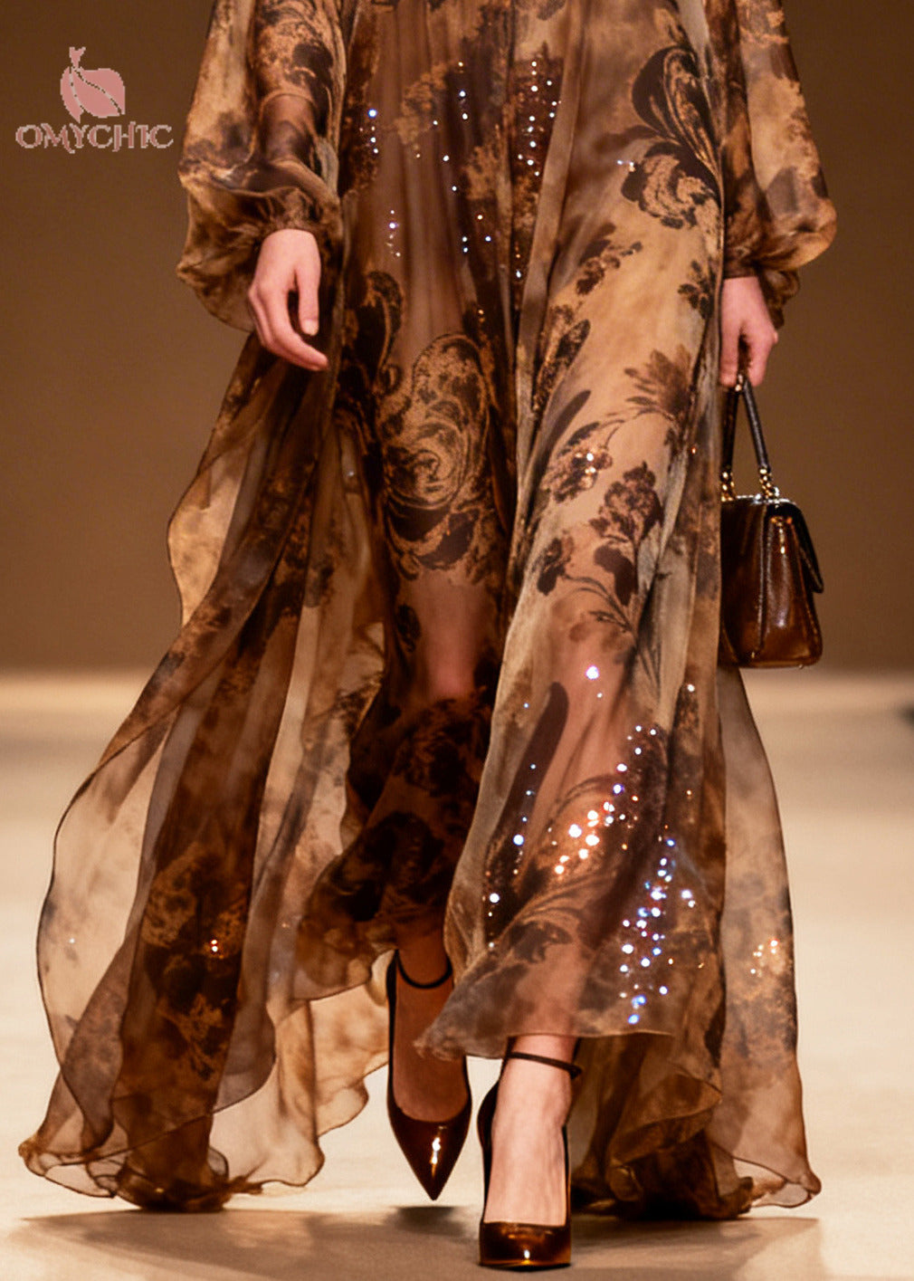 Sequin Paisley Floral Print Cold Shoulder Deep V-Neck Maxi Gown - View 4