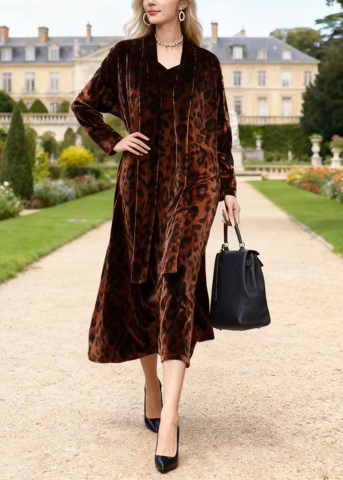 Leopard Print Velvet V-Neck Midi Open Front Long Sleeve Robe Set - View 3