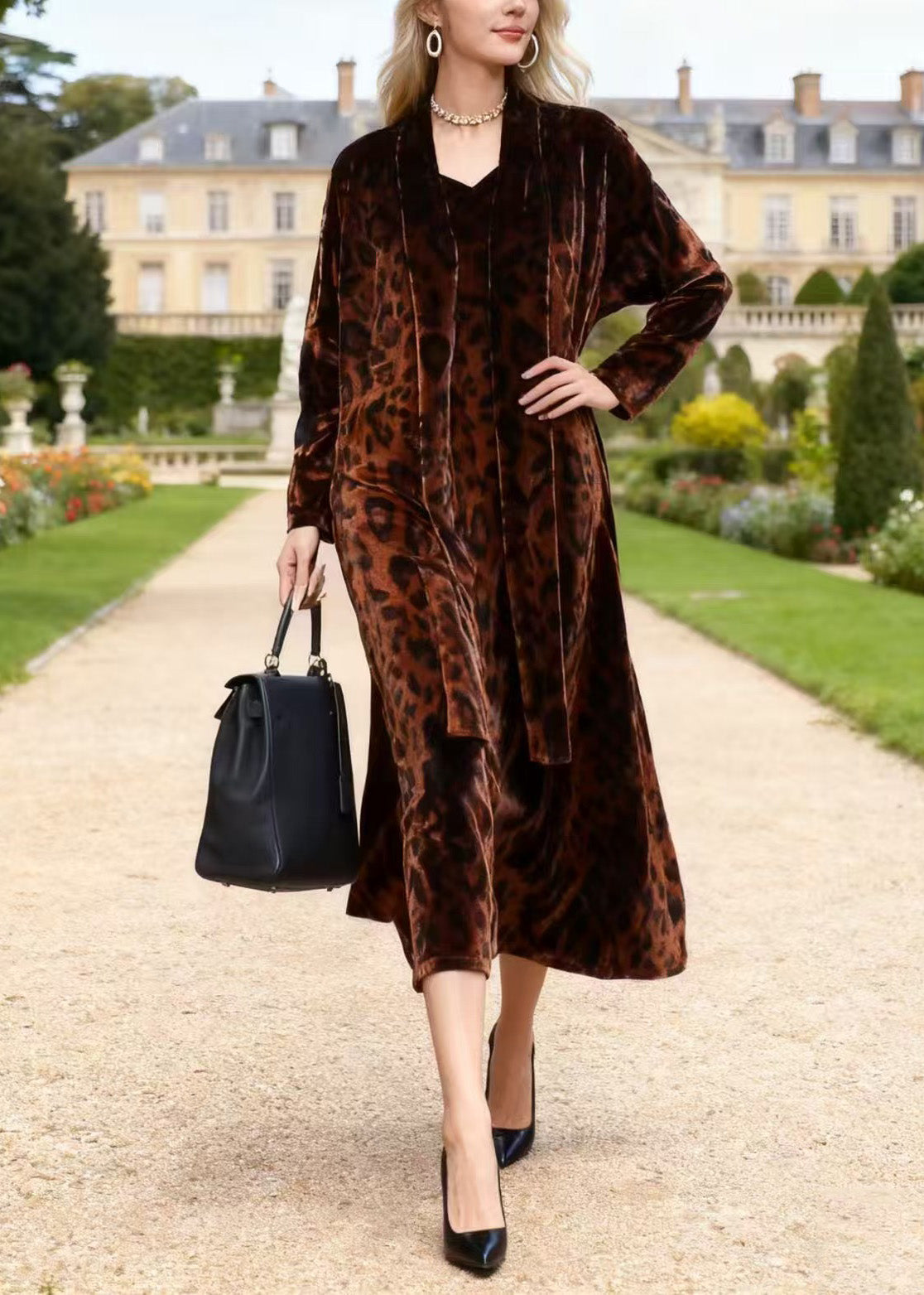 Leopard Print Velvet V-Neck Midi Open Front Long Sleeve Robe Set - View 5
