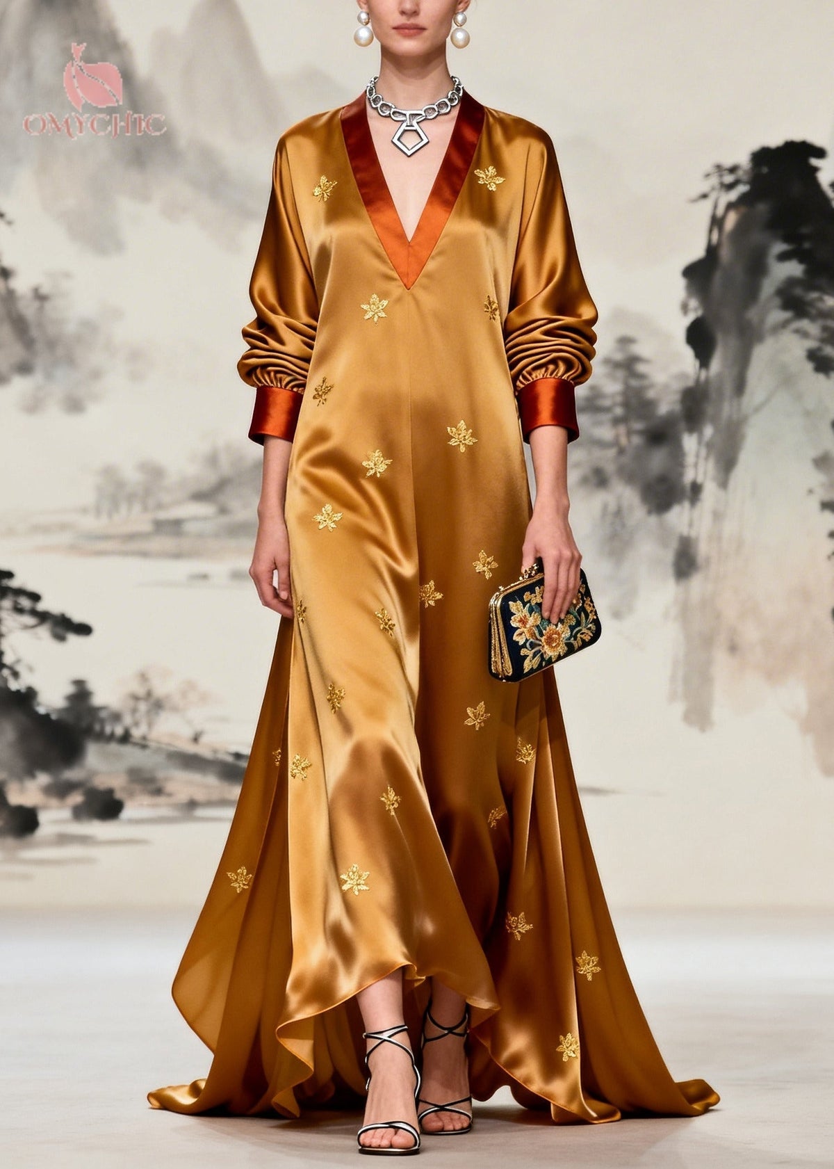 Women Coffee V Neck Patchwork Print Silk Maxi Dresses Long Sleeve - View 3