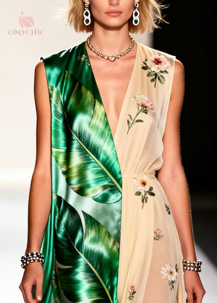 Palm Leaf Print Deep V-Neck Split Front Sheer Maxi Party Dress - View 2