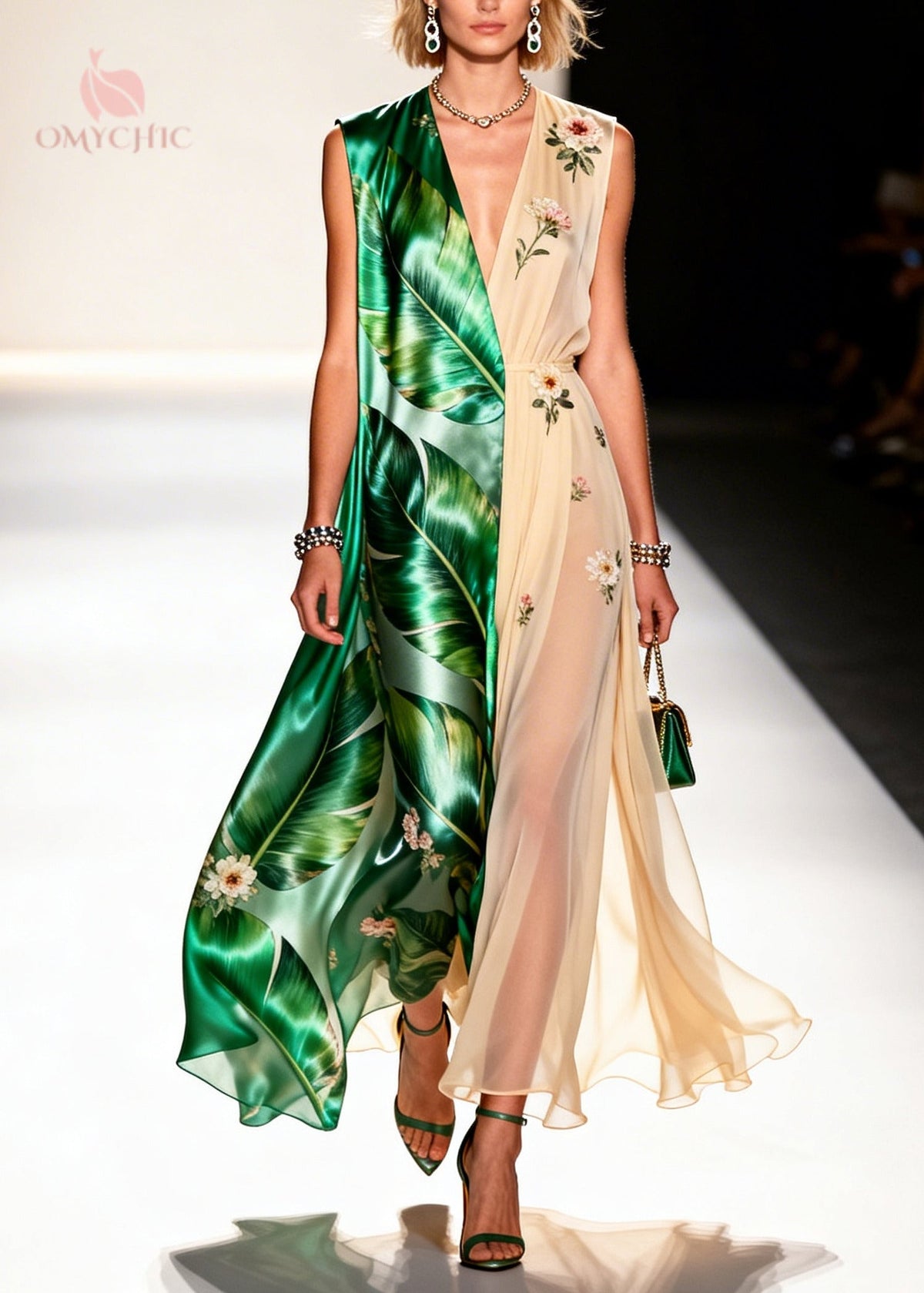 Palm Leaf Print Deep V-Neck Split Front Sheer Maxi Party Dress - View 5