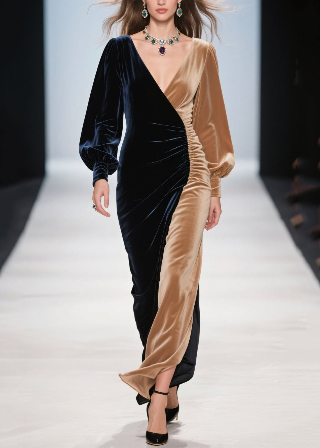 Velvet V-Neck Bishop Sleeve Ruched Side Panel Maxi Gown - View 5