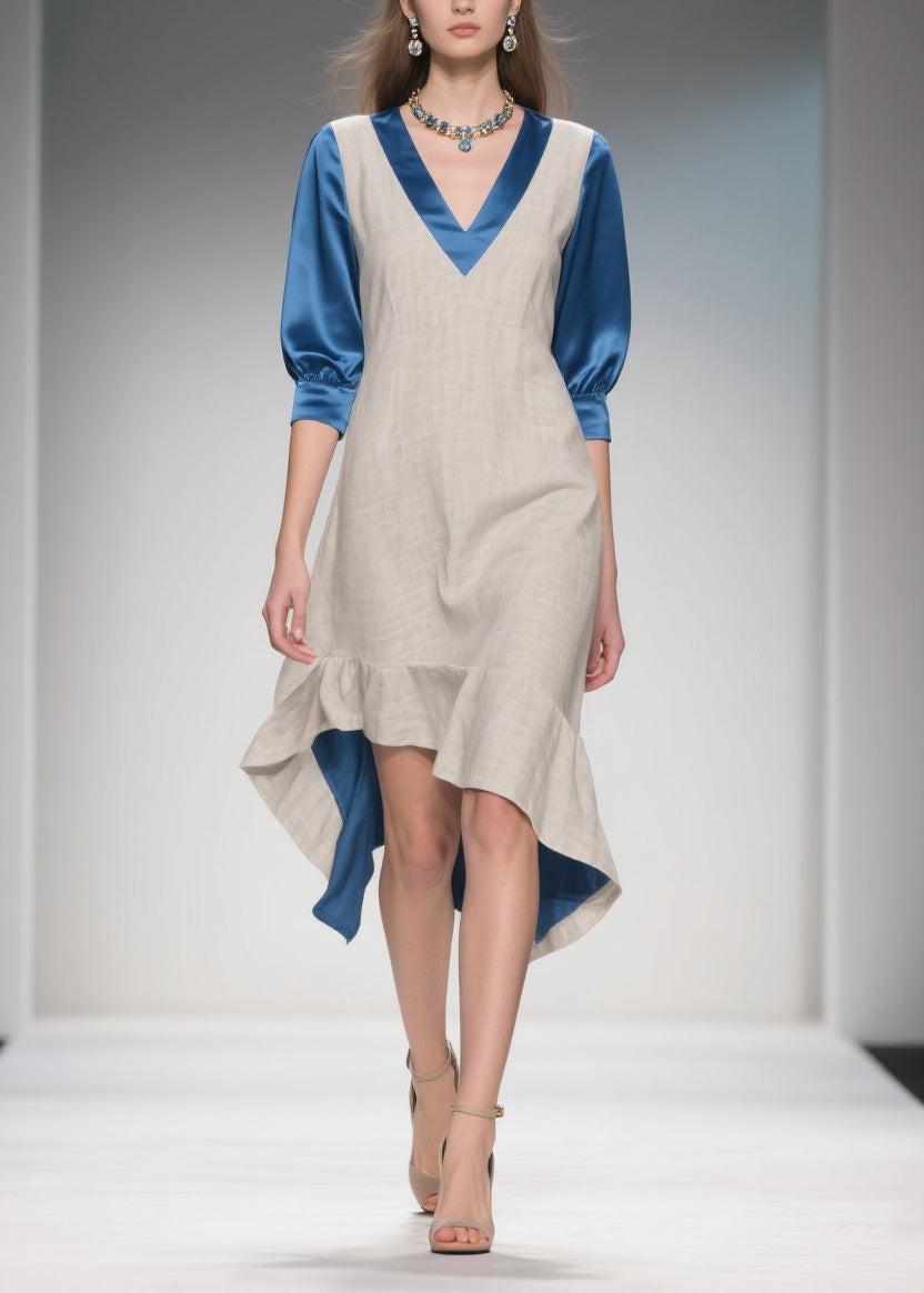 Deep V-Neck Three Quarter Sleeve Two Tone Woven Satin Midi Dress