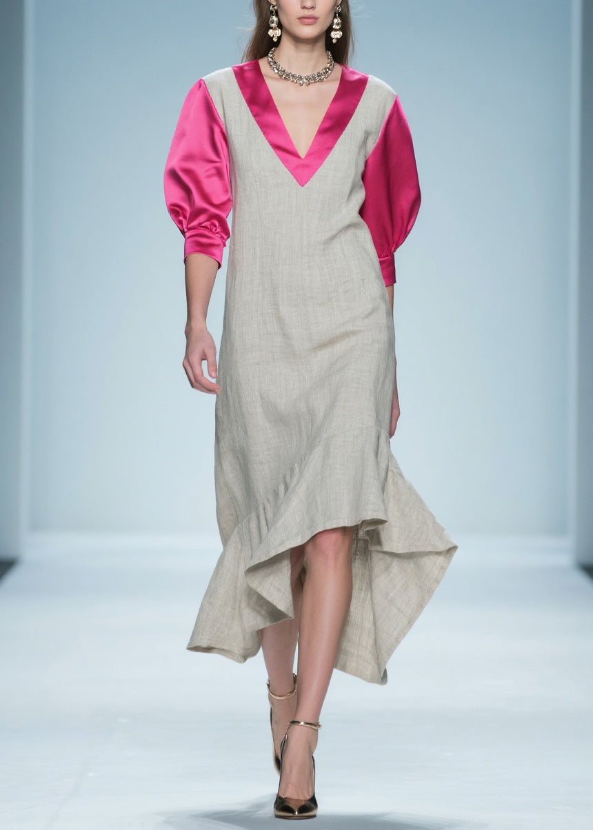Deep V-Neck Puff Sleeve Satin Trim Layered Tiered Midi Dress
