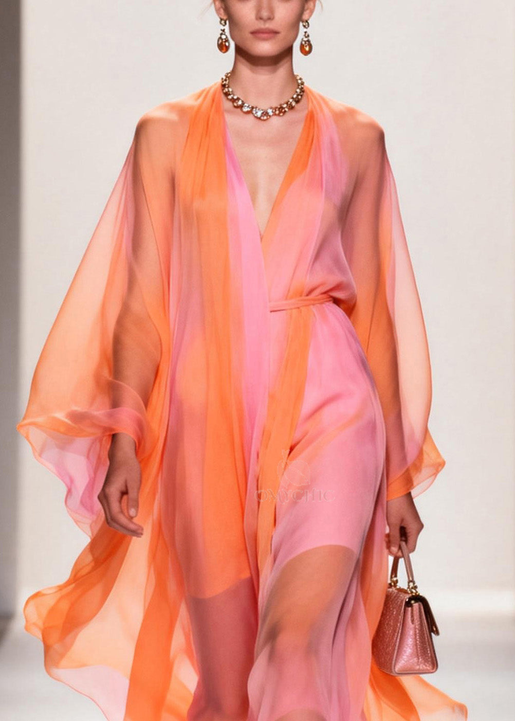 Deep V-Neck Batwing Sleeve Belted Colorblock Chiffon Midi Dress - View 2