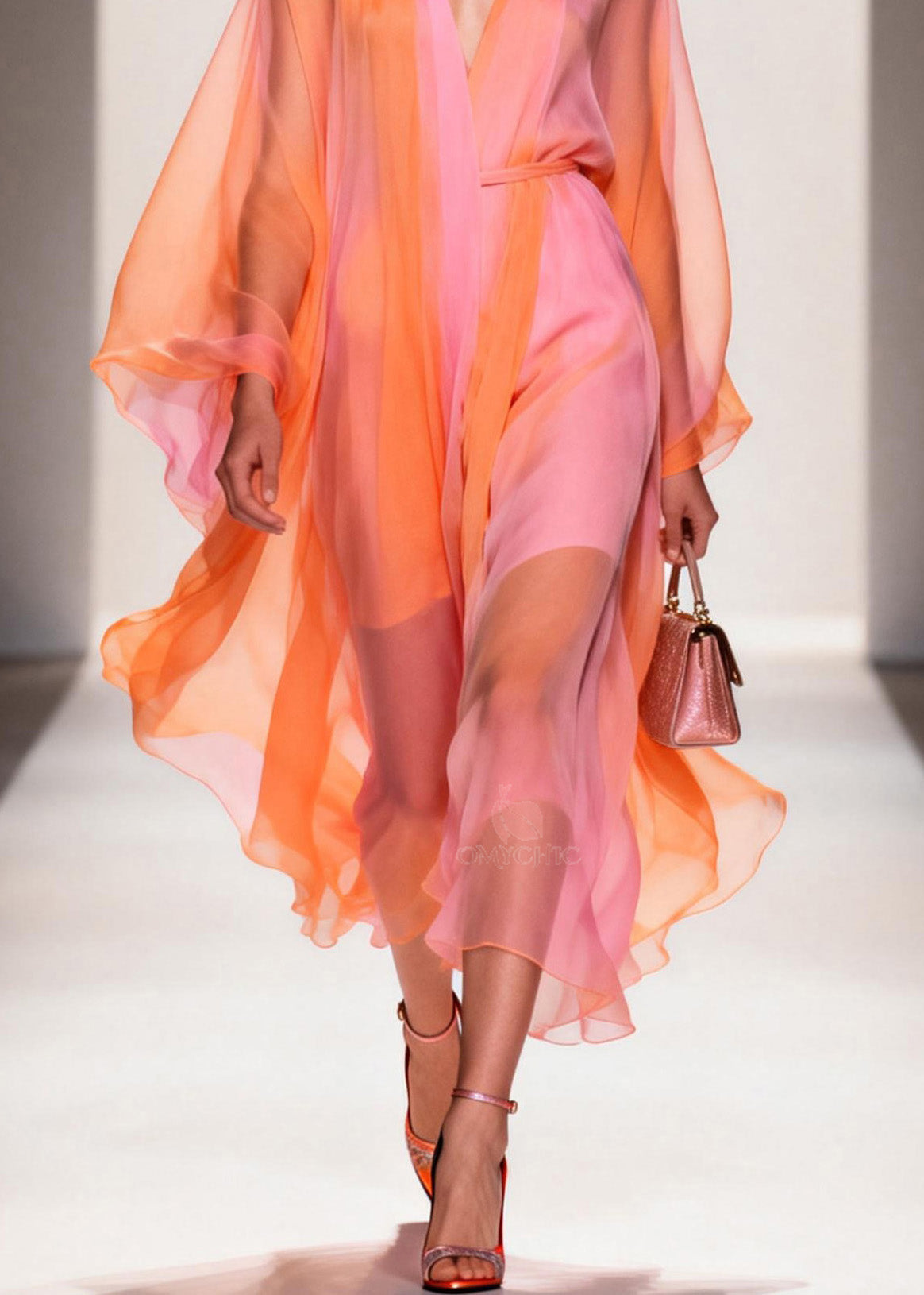 Deep V-Neck Batwing Sleeve Belted Colorblock Chiffon Midi Dress - View 4