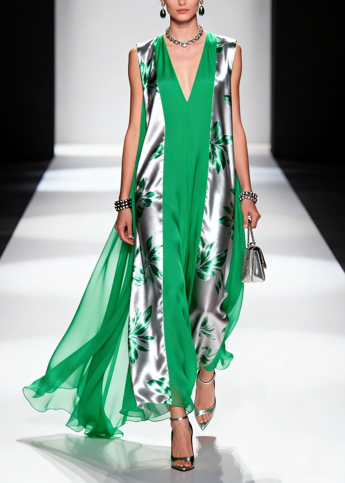 Leaf Print Sleeveless Deep V-Neck Panel Sheer Cape Maxi Gown